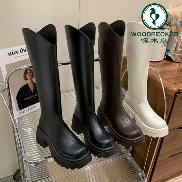 啄木鸟显瘦时尚百搭秋冬小个子时尚厚底长筒靴女粗跟新款骑士长靴