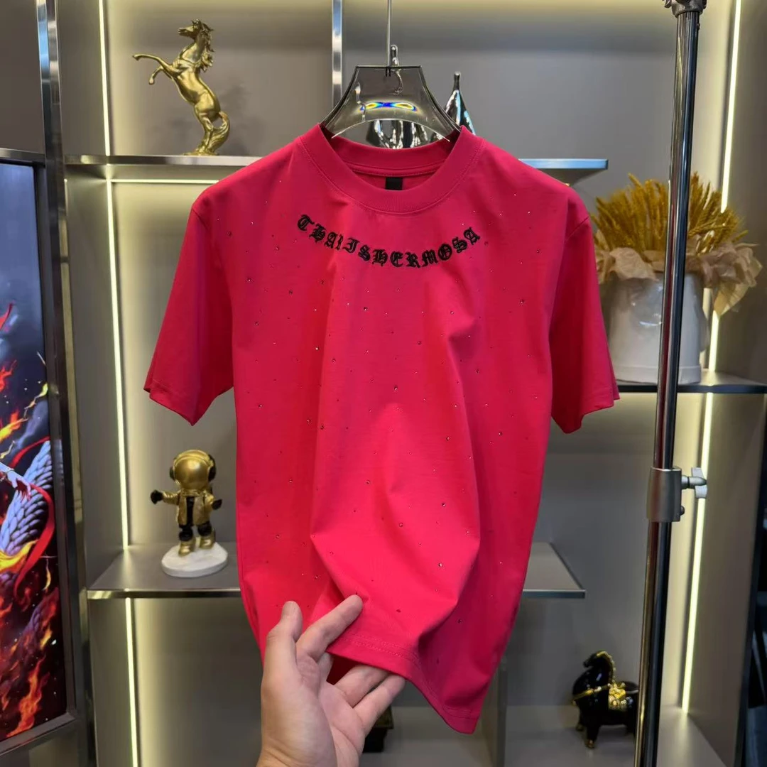 男士半袖时尚休闲百搭宽松扩版潮流圆领夏季镶钻体恤