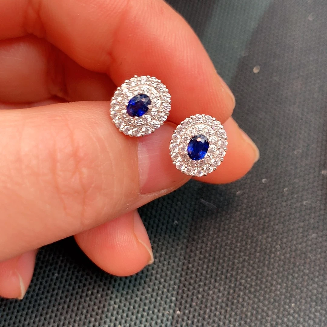 耳钉蓝宝石银S925镶嵌