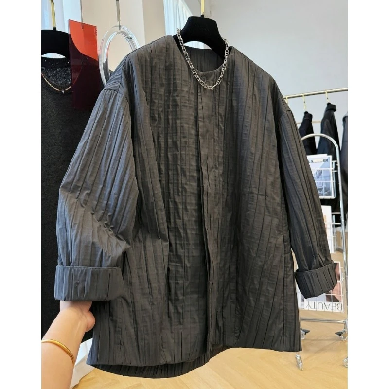 02437高级感设计感气质圆领宽松棉外套风衣加厚上衣女2025秋冬款