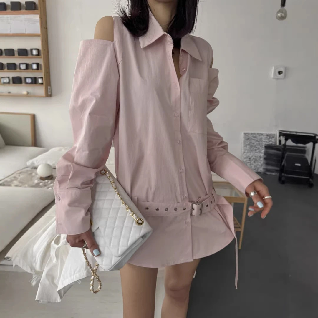 2026年早春秋季新款韩式chic气质法式宽松皮带露肩长袖衬衫女装