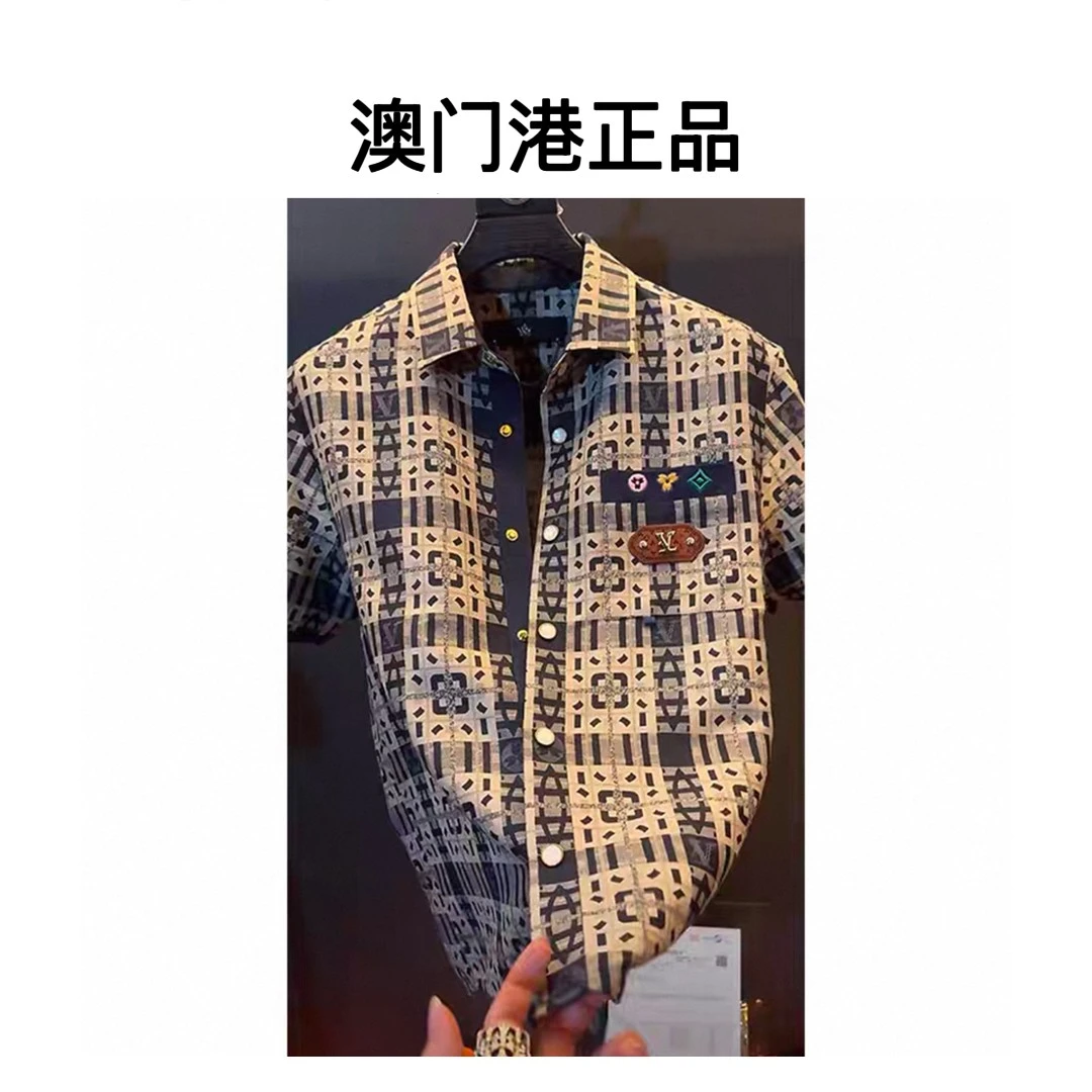 【澳门港正品】口袋棕皮标休闲夏季男衬衣短袖衬衫复古轻奢格子上衣