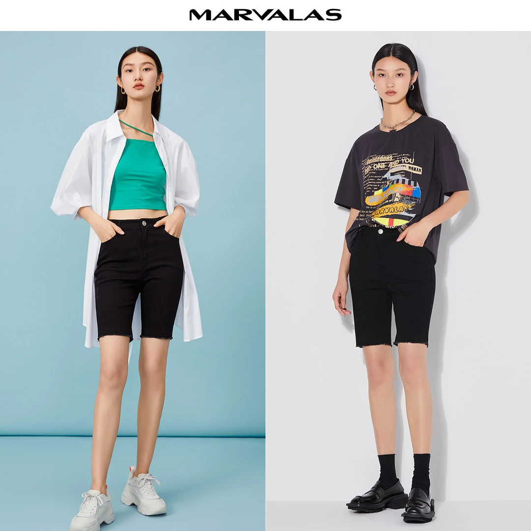 【珊珊专属】高腰单扣牛仔裤夏季简洁时尚毛边修身短裤M110019