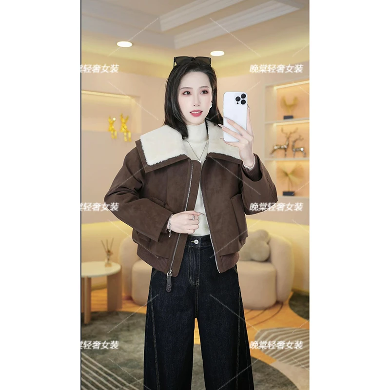 冬季新款加绒加厚一体毛翻领美拉德复古高级感外套Y13012