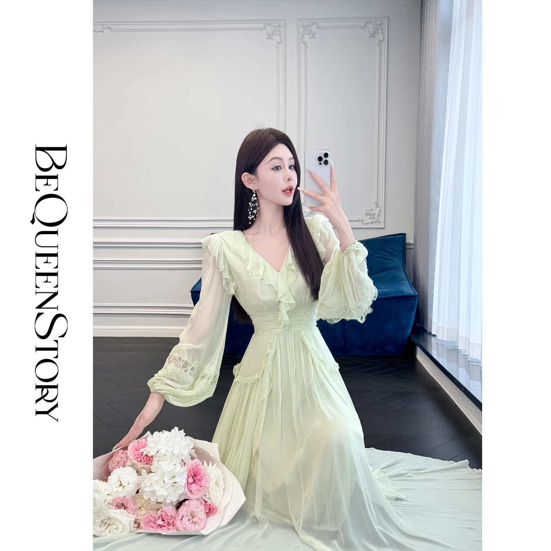 余潇潇【青柠晚风】仙气荷叶边100真丝收腰连衣裙2025春装新品