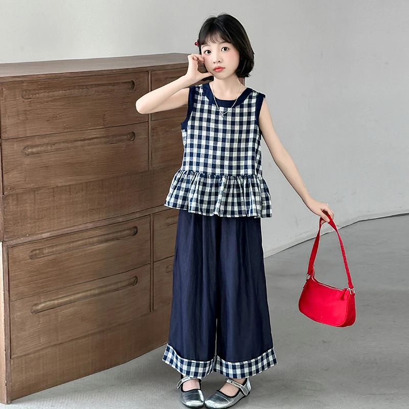 女童夏季套装2025新款儿童装格子森系小女孩无袖衬衫阔腿裤两件套