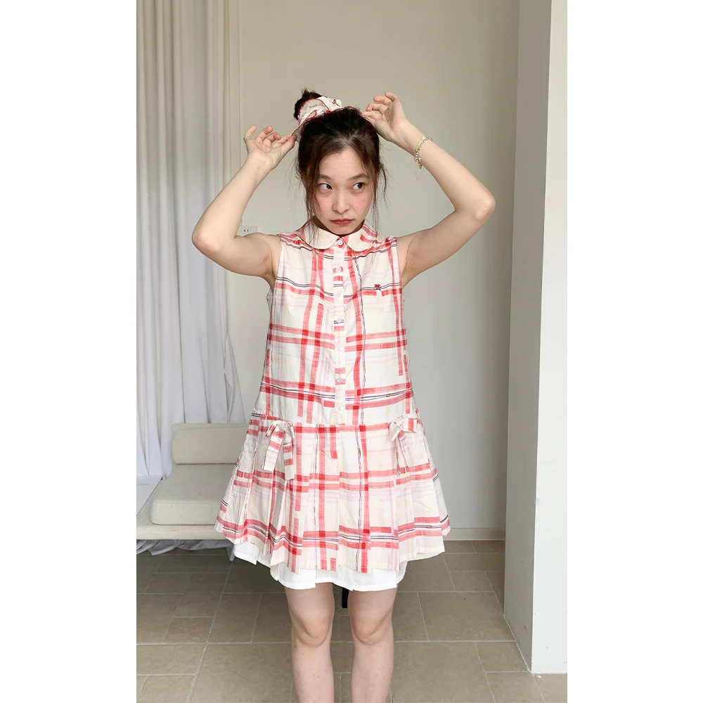 银河汽水 甜美背心裙娃娃领格纹背心裙女短裙