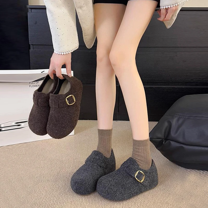 3cm内增高加绒勃肯鞋女秋冬新款加绒一脚蹬保暖棉鞋毛呢乐福鞋