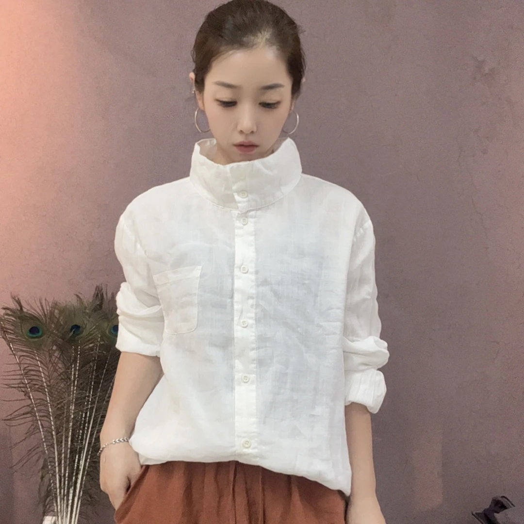秋冬新款经典百搭双层苎麻立领衬衣开衫68255
