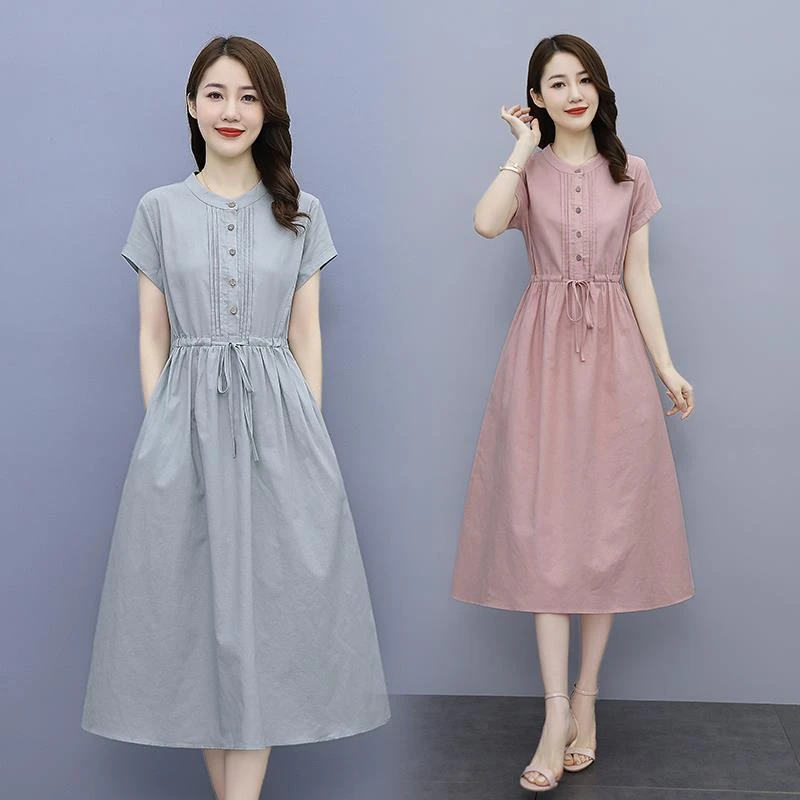 女麻连衣裙女2025夏季新款短袖气质系带收腰显瘦休闲女布裙子