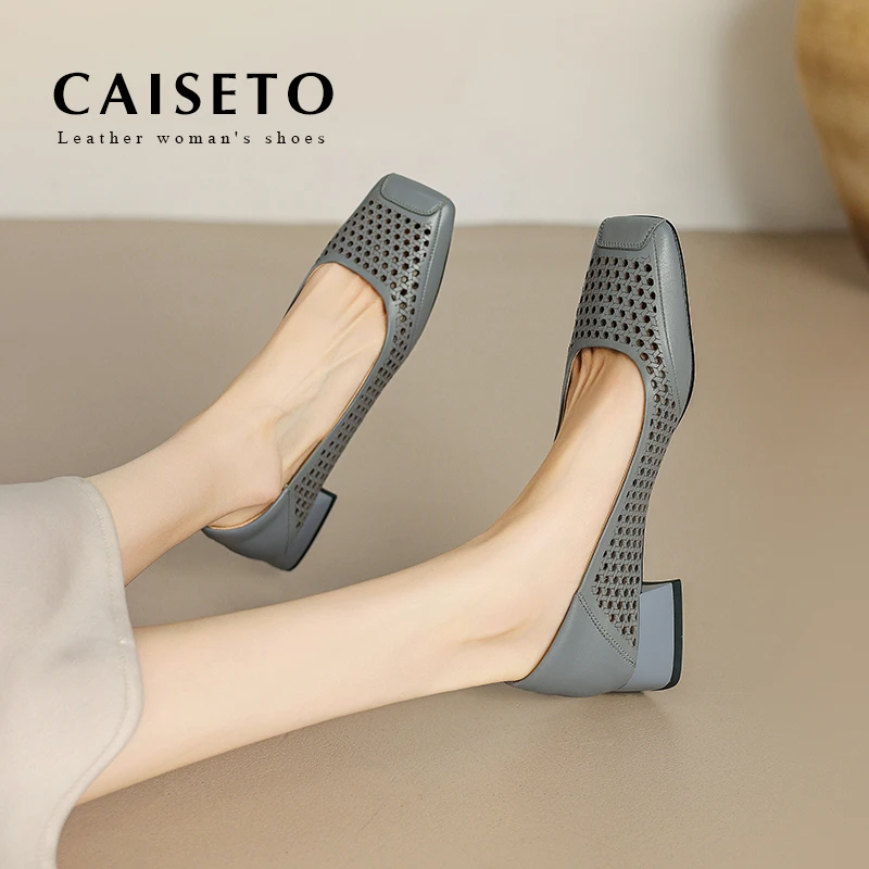 头层羊皮/3cm新款时尚百搭舒适软底真皮手工镂空透气方头女鞋D513