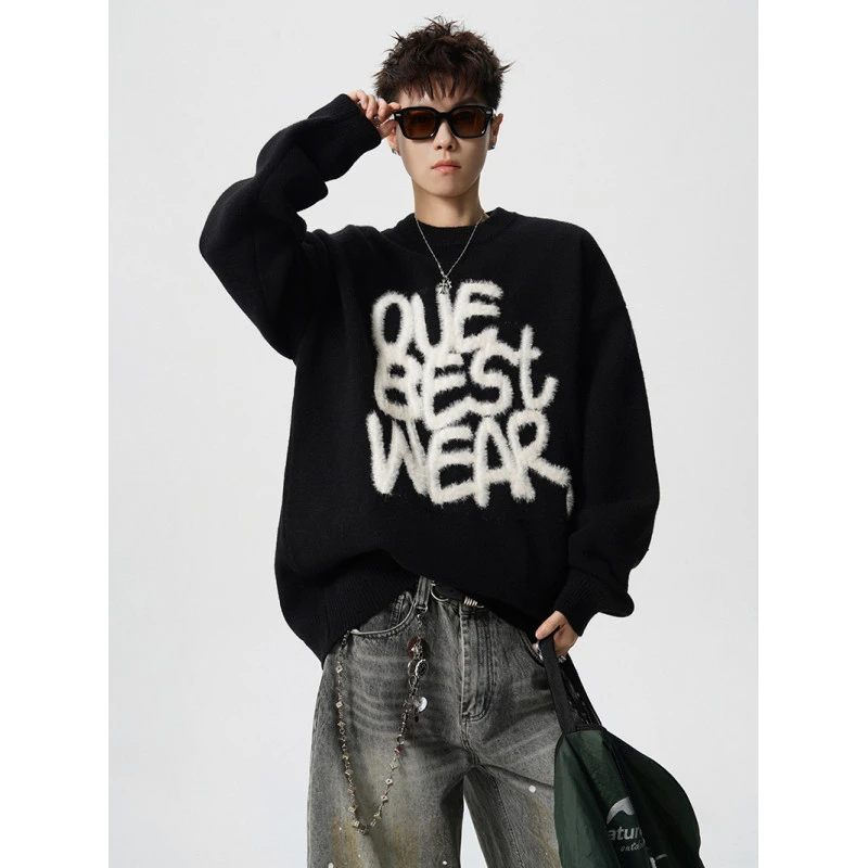 美式植绒字母重磅圆领毛衣男女冬季新款潮牌宽松慵懒风针织衫上衣