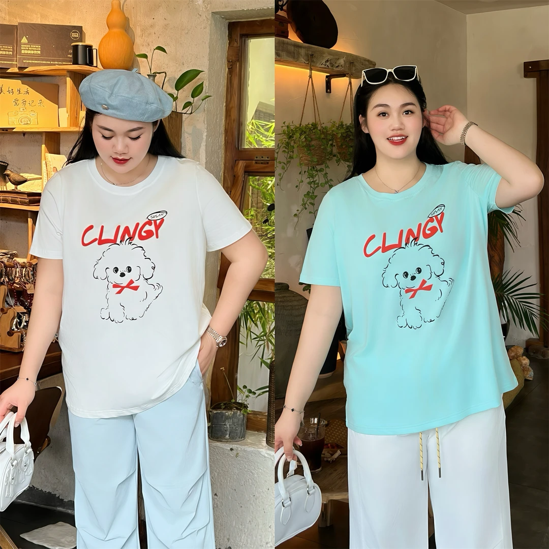 薄雾清晨 / 冰瓷棉卡通印花圆领正肩T恤15224花契大码200斤胖mm