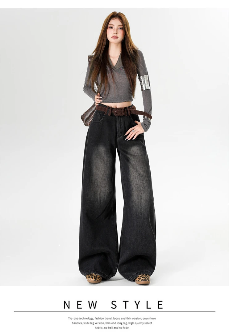 2025复古辣妹风加绒加厚阔腿牛仔裤8861—（T)