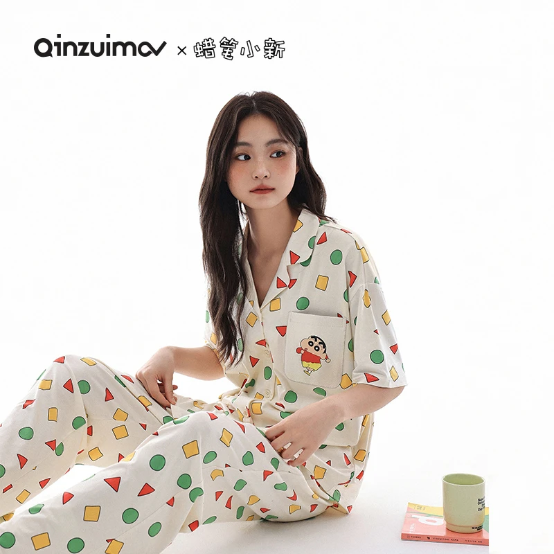 亲嘴猫【蜡笔小新】卡通莫代尔棉短袖长裤睡衣女生春夏季家居服套装