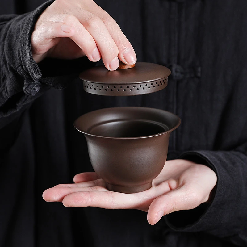 紫砂茶杯带过滤孔盖碗家用办公茶桌防烫手抓泡茶碗敬茶碗礼品