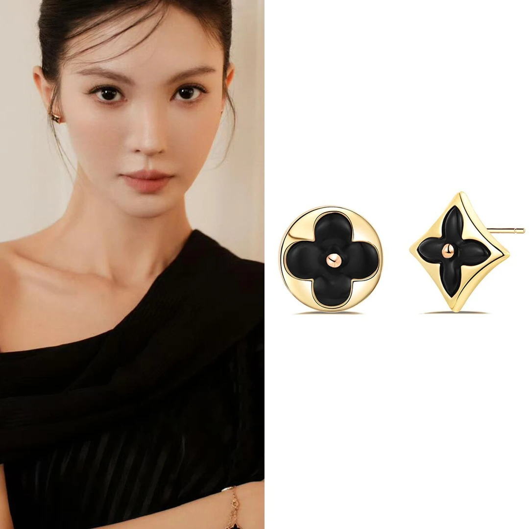 合金珐琅耳饰 金晨同款花朵不对称黑色耳饰时尚百搭高级感K0325