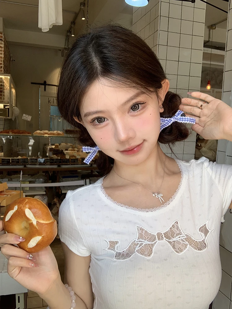 【面包小狗】元气少女 甜美蓝色格子蝴蝶结发夹学院风侧边发卡发饰