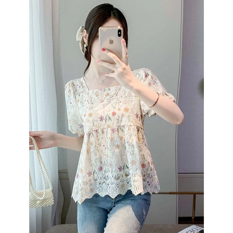 9738碎花雪纺衬衫女夏季2025新款宽松甜美泡泡袖时尚上衣漂亮小衫