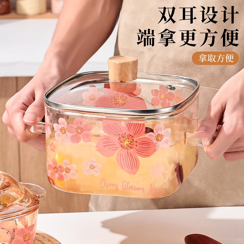 高硼硅玻璃锅樱花方形透明煲耐热玻璃碗加盖子家用厚实双手柄碗