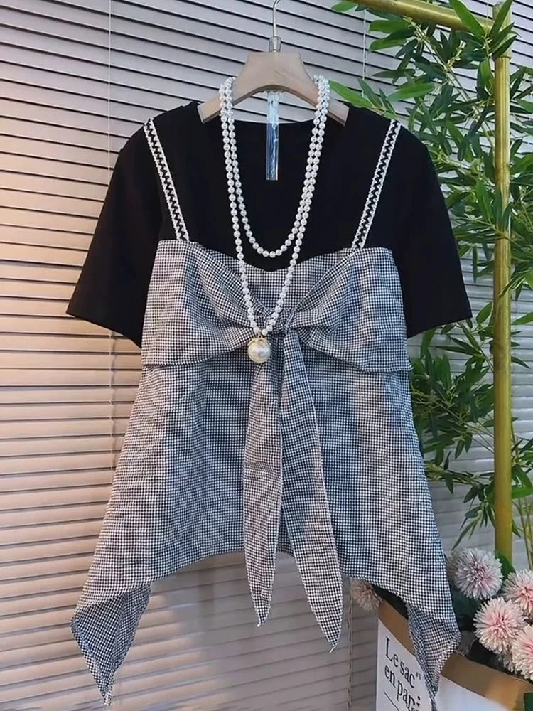 时尚不规则设计拼接假两件半袖小衫夏季新款胖妹妹减龄蝴蝶结T恤