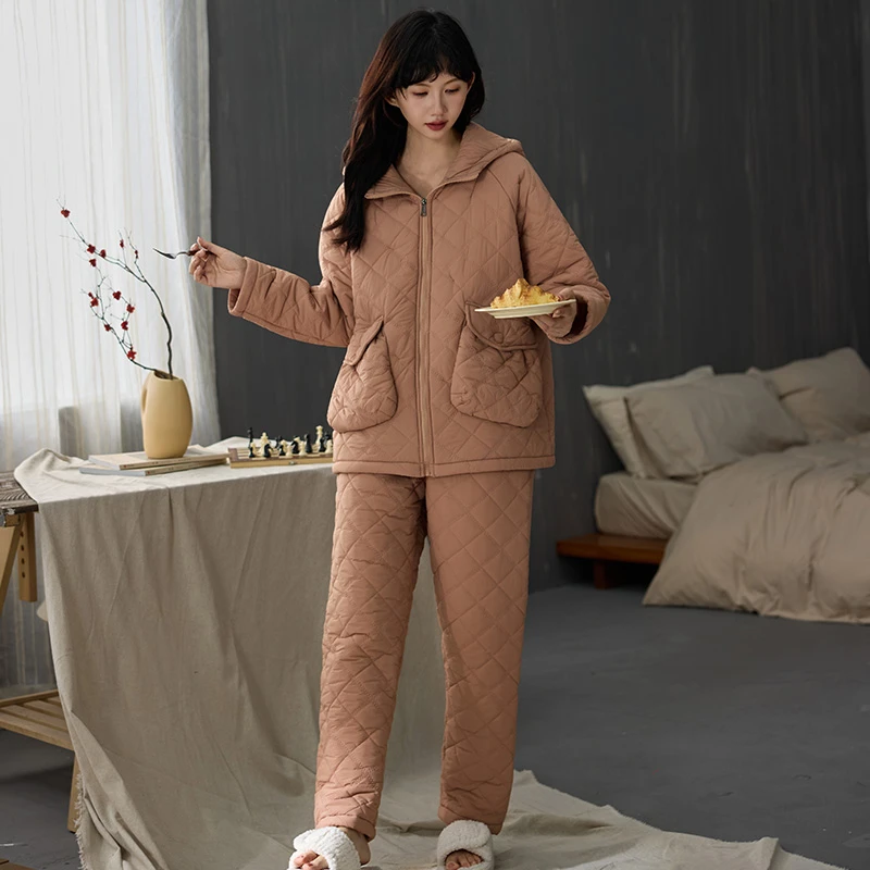 【防风防水】橙色三层夹棉睡衣女士家居服套装外穿套装冬天加绒连帽