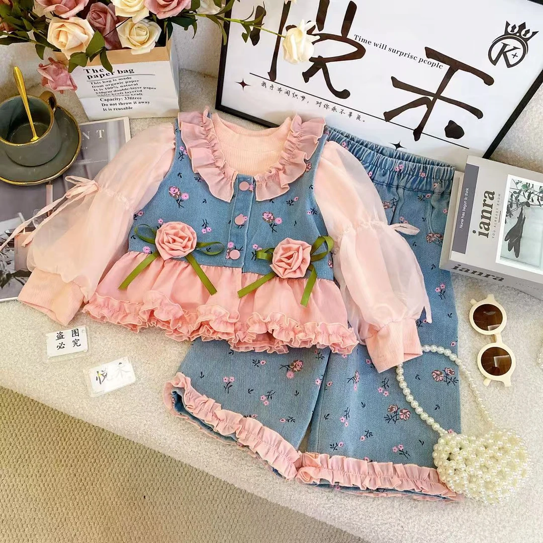 SH【悦禾】女童秋款上新甜美秋季牛仔马甲长裤女童洋气时尚套装7741