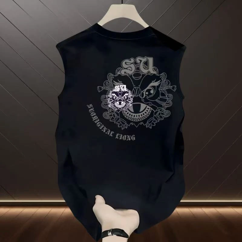 SU双面狮头 2025夏季潮牌圆领无袖t恤背心男款美式坎肩印花纯棉