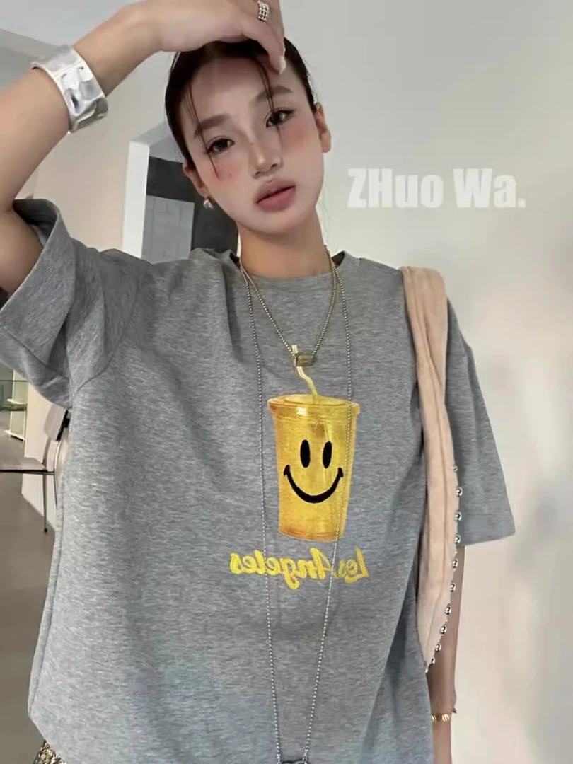 【辣妹】美式街头风格笑脸图案印花宽松百搭短袖T恤女减龄洋气上衣
