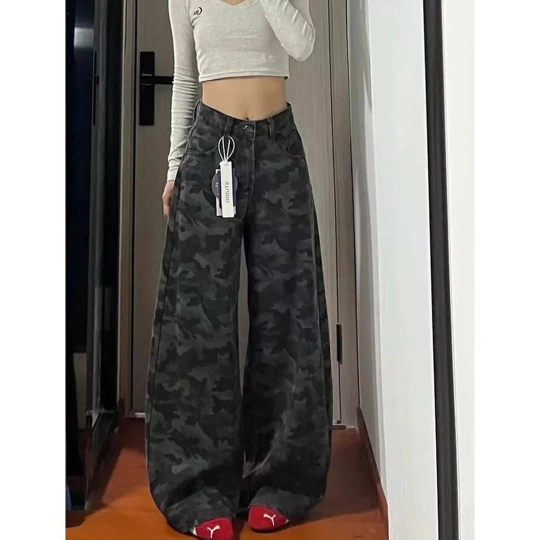 美式迷彩牛仔裤男女宽松直筒复古工装高腰阔腿显瘦裤子拖地裤