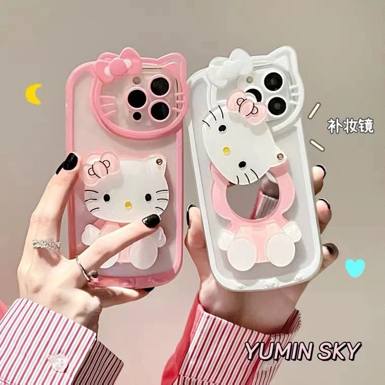 适用苹果15Kitty化妆镜子14proKT猫镜子手机壳手机壳卡通可爱少女