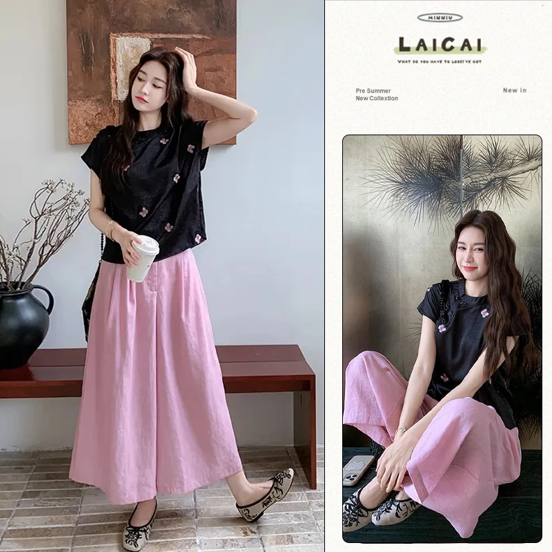 E307+E308清雅国风珠子盘扣印花短袖上衣显瘦阔腿裤高级两件套
