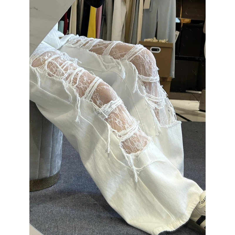 美式蕾丝拼接高街破洞直筒牛仔裤女2025春夏小众宽松显瘦阔腿裤子