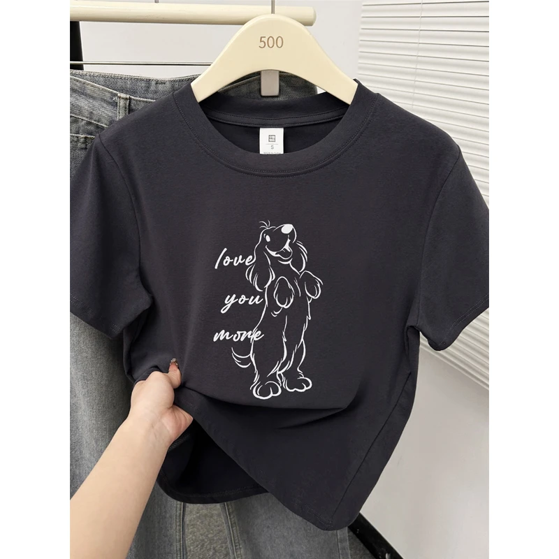 正肩胖mm大码短袖t恤女夏季新款动物小狗印花圆领时尚半袖上衣服
