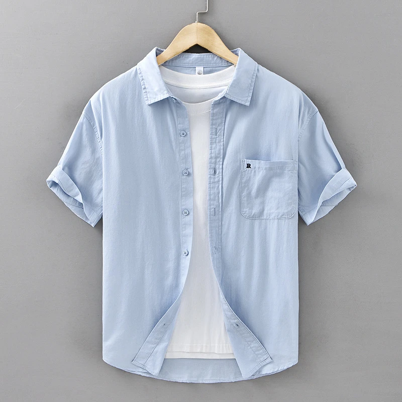 R夏季休闲短袖男装纯棉衬衫百搭简约时尚宽松潮男全棉衬衣
