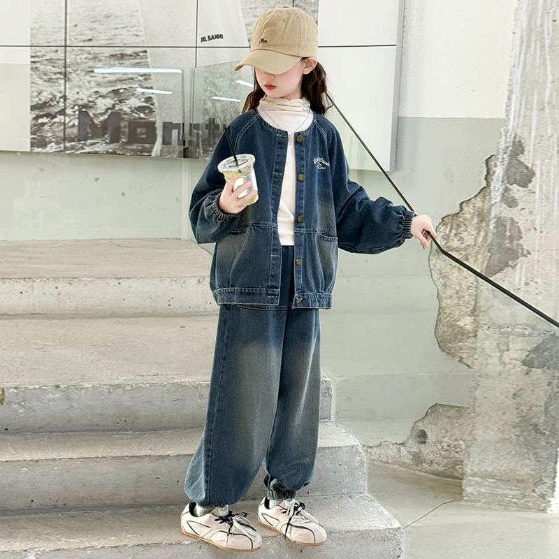 韩版秋季洋气上衣刺绣牛仔套装春秋休闲夹克女童常规休闲风2025款