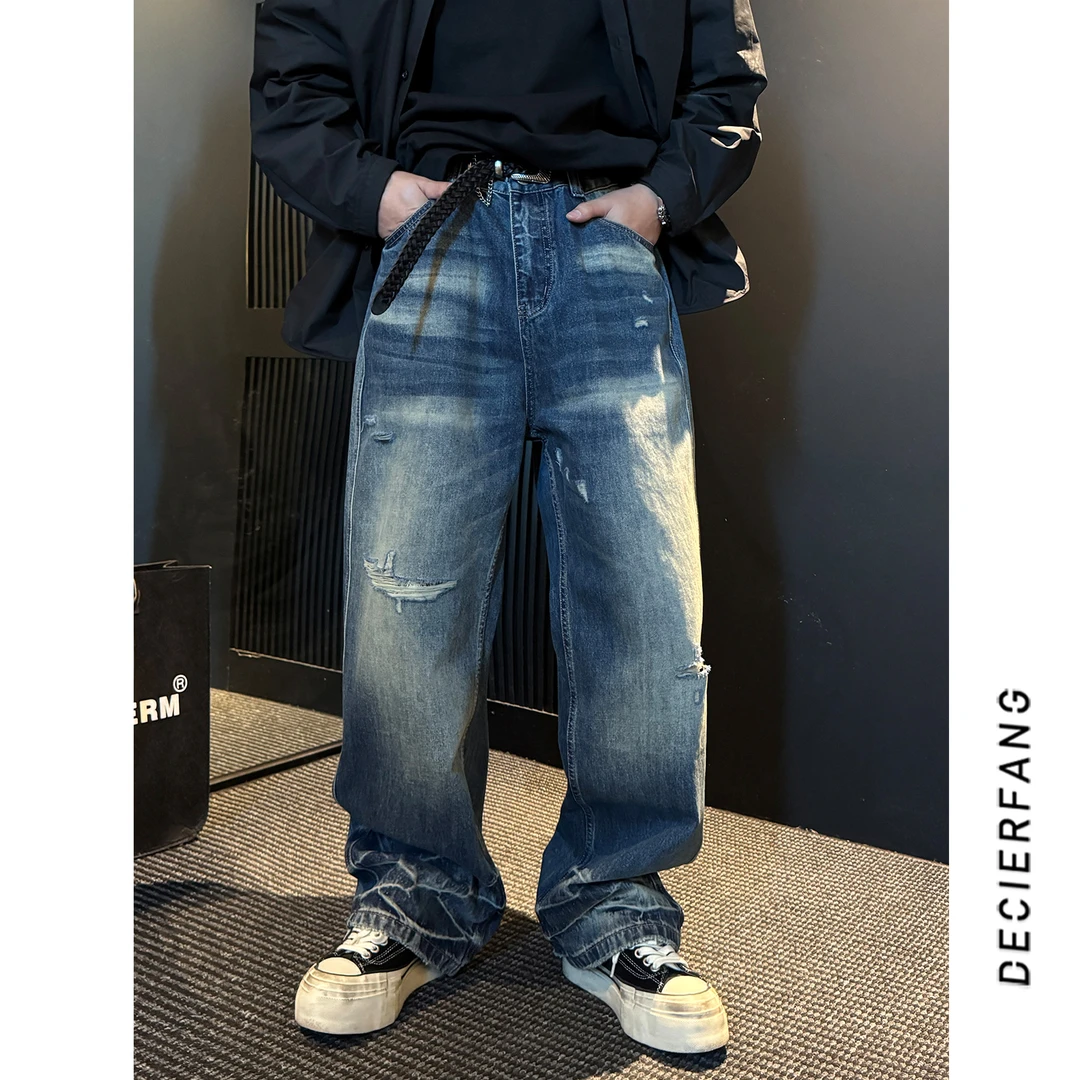 美式高街破洞牛仔复古做旧休闲宽松日常阔腿长裤