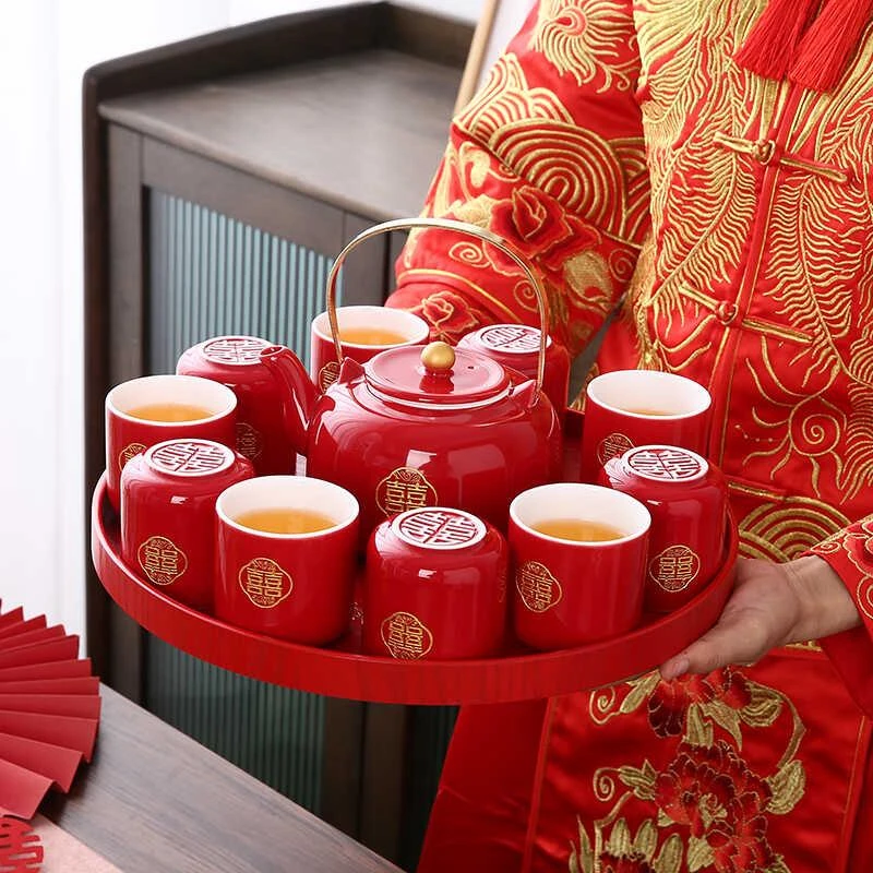FAVMARTHA结婚茶具套装改口敬茶杯子中式订婚庆红色茶壶新娘陪嫁