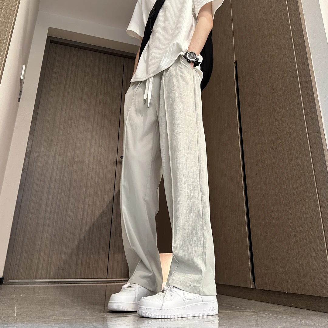 夏季薄款美式阔腿微喇裤男装直筒潮流百搭宽松弯刀裤垂感休闲裤子