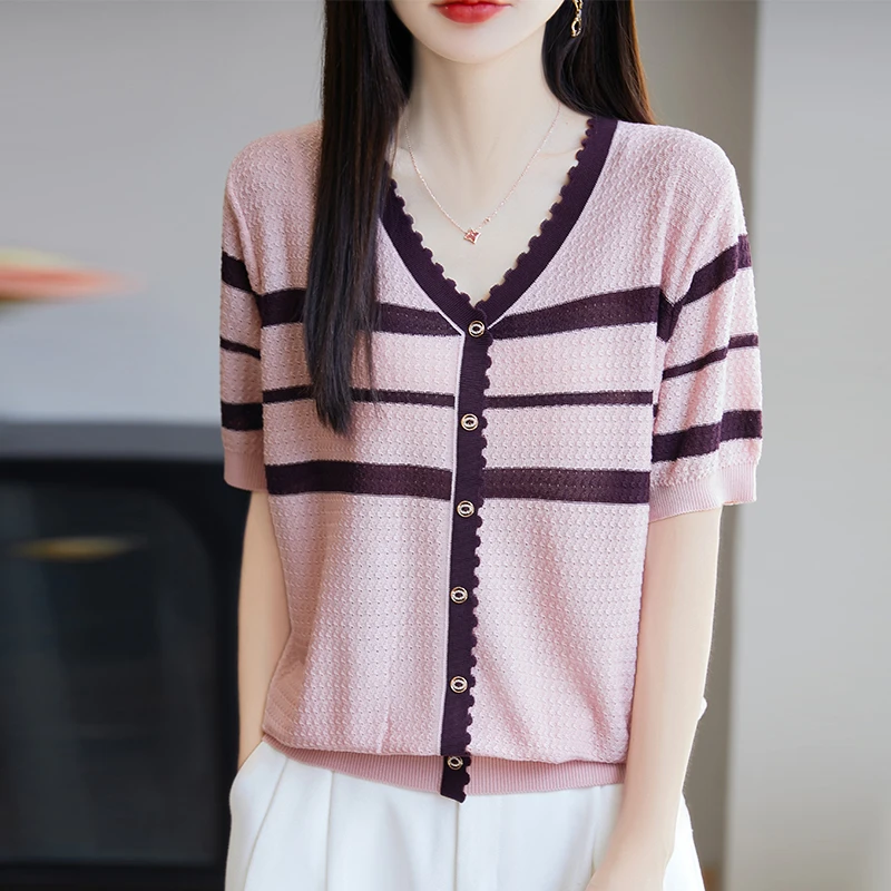 品牌夏季新款短袖针织衫时尚气质V领条纹休闲百搭上衣