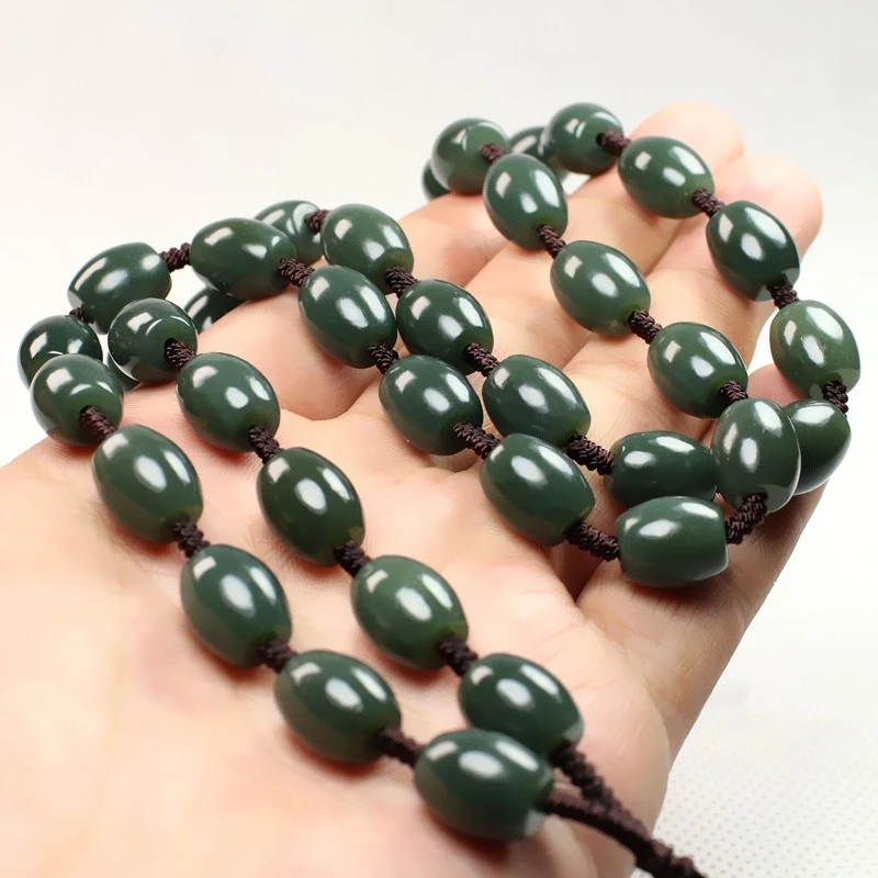 和田玉项链天然真品新疆青玉圆玉珠链男女款玉石吊坠配毛衣链挂绳