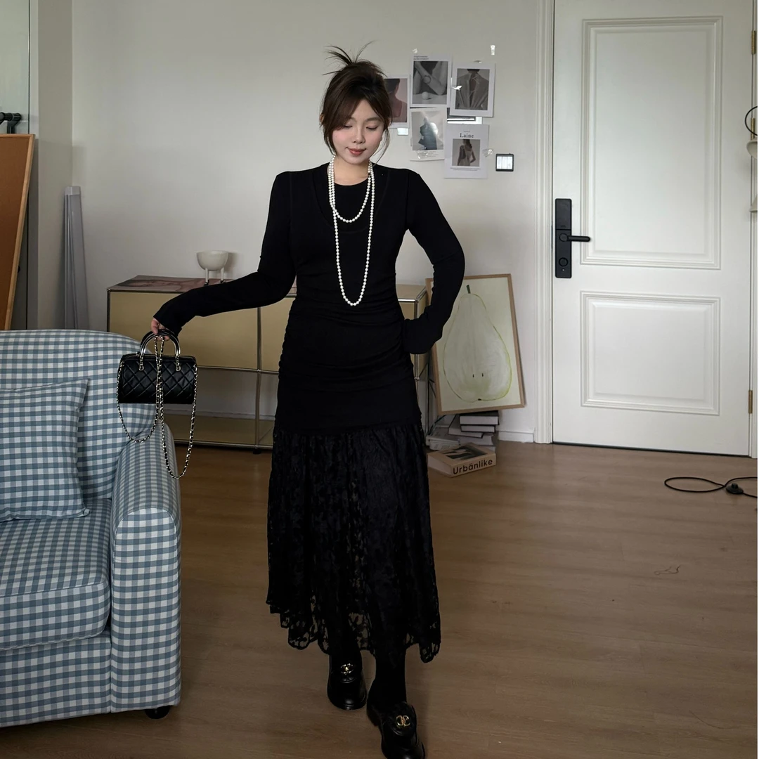 晶咕软软【暗夜密语】法式时尚设计感下摆拼接蕾丝修身假两件连衣裙