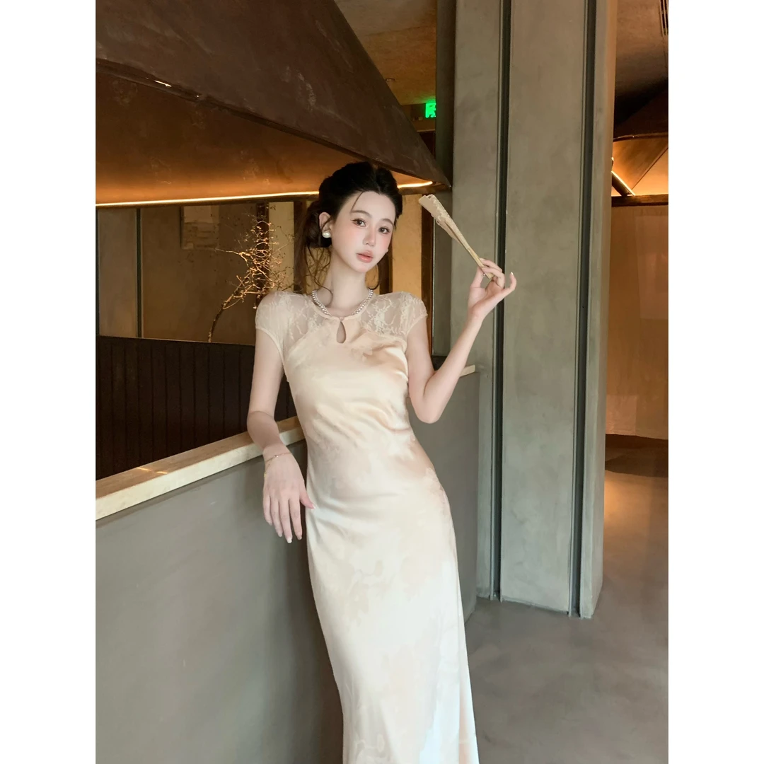 【小婉】新中式提花气质缎面国风改良旗袍修身短袖连衣裙子LYQ3003