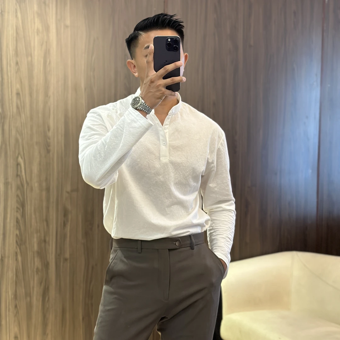 Yang • X • S 男士纯色夏季长袖防晒服百搭复古小立领宽松POLO衫