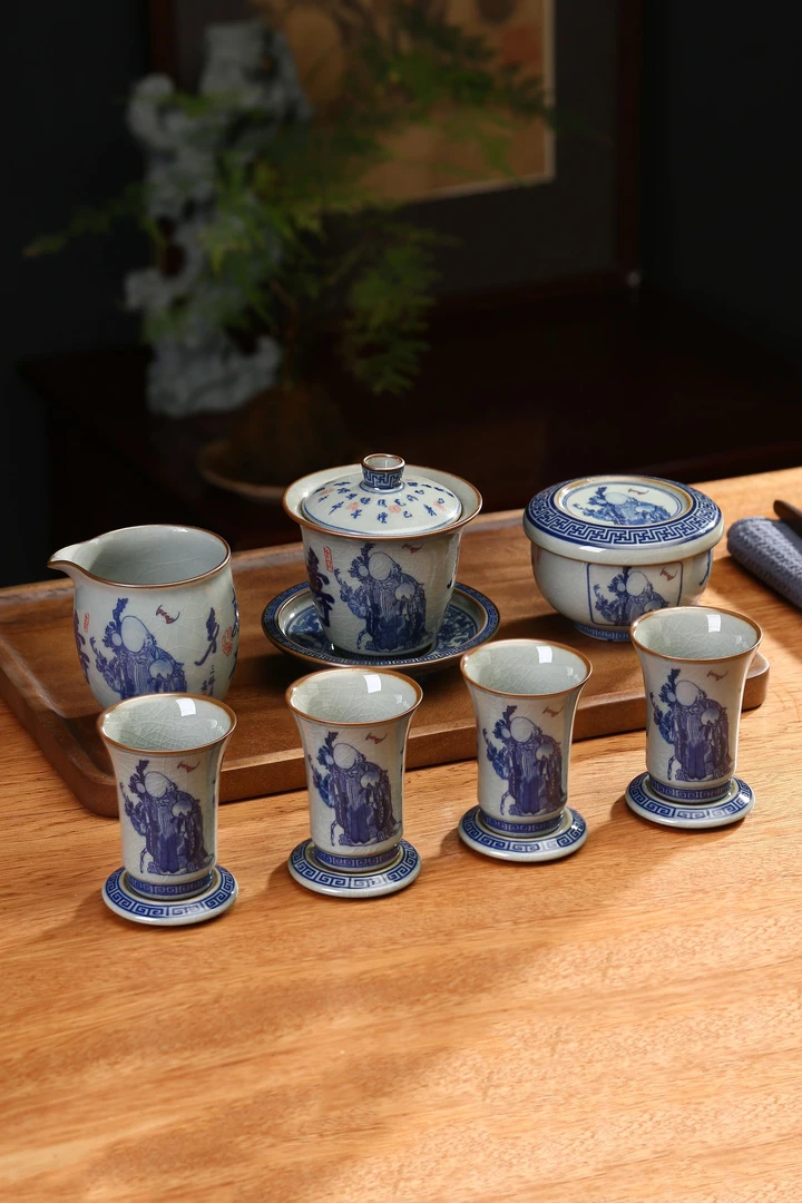 当代 三醉居寿星茶具套组景德镇老陶泥开片福禄寿经典陶瓷茶空间