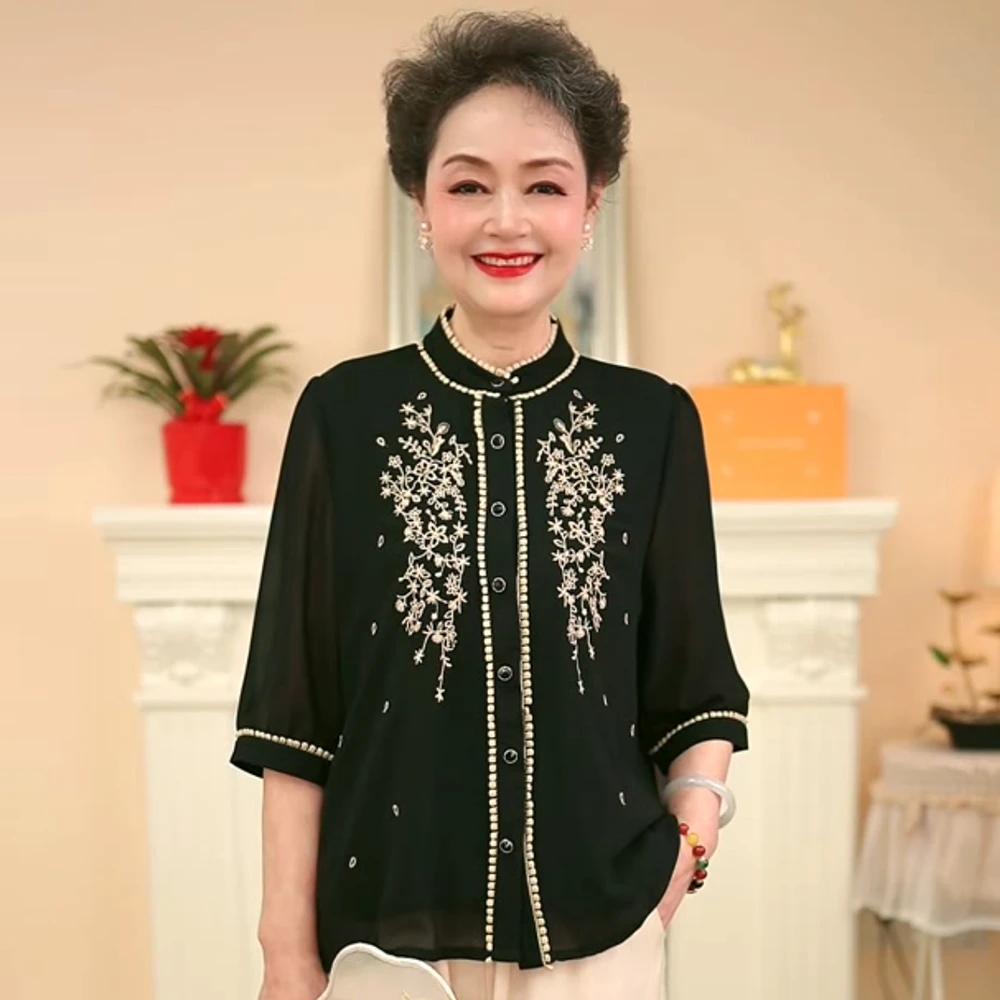 妈妈夏装套装衬衫洋气中袖上衣2025新款中老年女时尚翻领衬衣