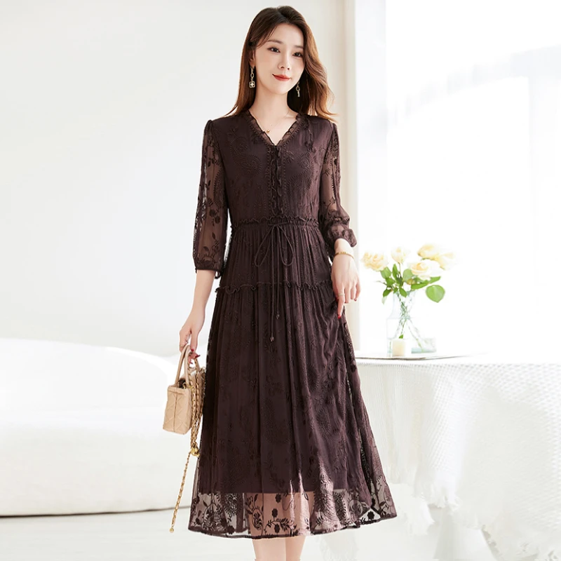 水墨佳人100%桑蚕丝真丝长款刺绣连衣裙82588866