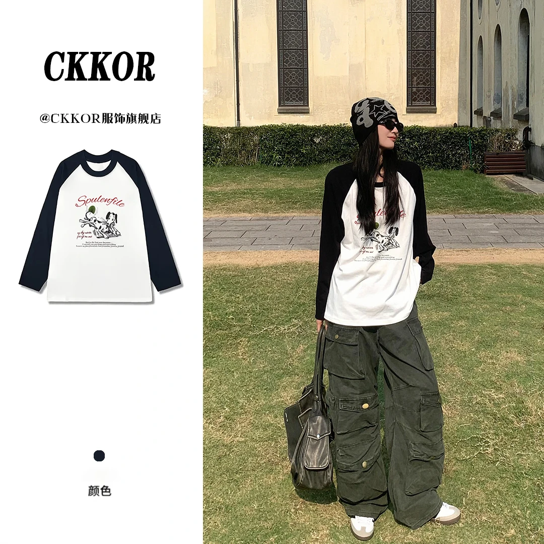 CKKOR韩版拼接撞色纯棉圆领长袖t恤女早秋新款慵懒风宽松休闲上衣