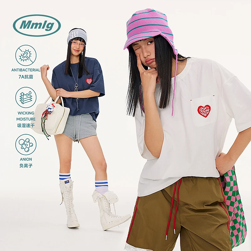 Mmlg【7A抗菌吸湿】2025夏季新款爱心滴胶纯棉情侣短袖t恤FQT018