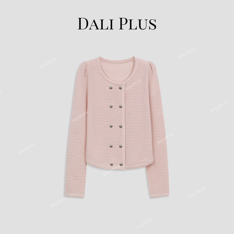 DALI PLUS重工精美羊.毛双排银扣横纹小香针织衫-D4XX0100